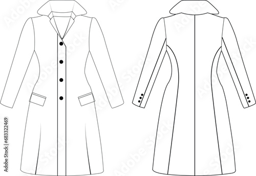 Women's double-breasted trench coat vector design, Women long coat, vector illustration, flat technical drawing. 