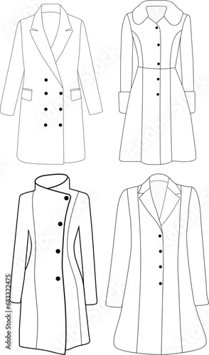 Women's double-breasted trench coat vector design, Women long coat, vector illustration, flat technical drawing. 
