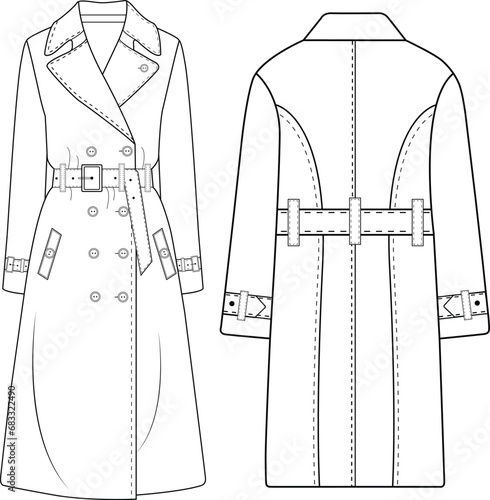 Women's double-breasted trench coat vector design, Women long coat, vector illustration, flat technical drawing.  photo