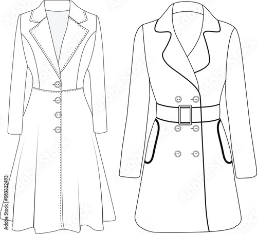 Women's double-breasted trench coat vector design, Women long coat, vector illustration, flat technical drawing. 