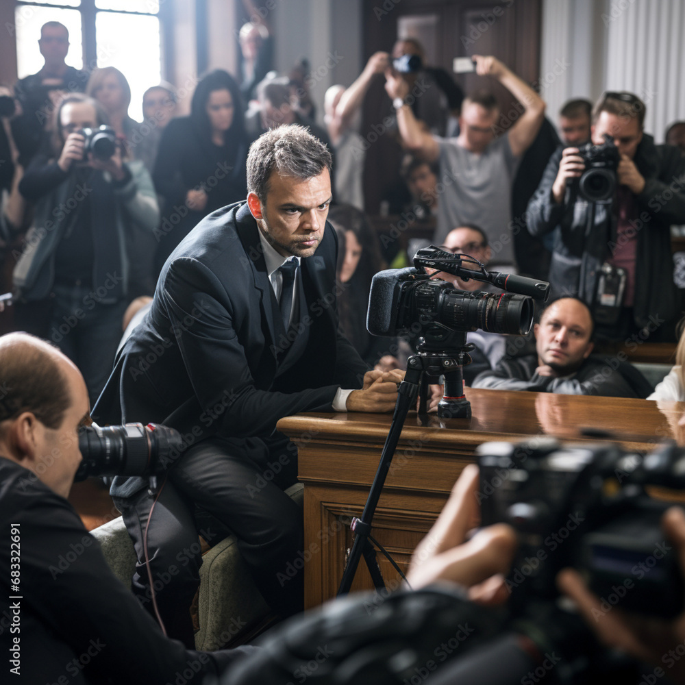 Cameras recording a trial in a court. Cameras recording a trial in a court.