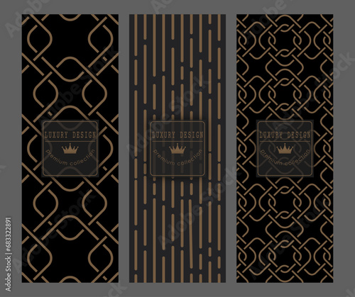 A set of gold abstract patterns on a black background. Template for packaging design, cover, invitation, banner and creative idea