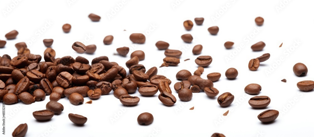 Coffee beans in motion on white background Coffee beans in motion on white background