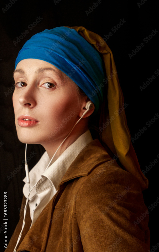 Αυτοκόλλητο young woman with headphones looks like a girl with a pearl earring cosplay moder