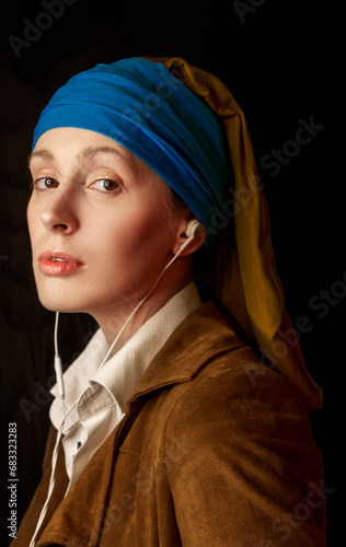 Φωτογραφία young woman with headphones looks like a girl with a pearl earring cosplay moder