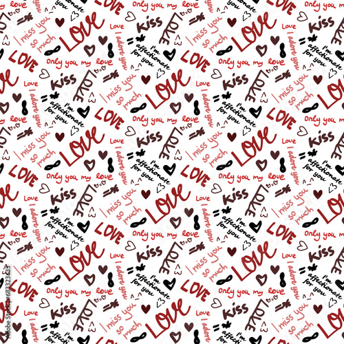 love lettering doodle seamless vector pattern, romantic print, love phrases , red hearts, happy valentines day, english, handwritten, calligraphy
