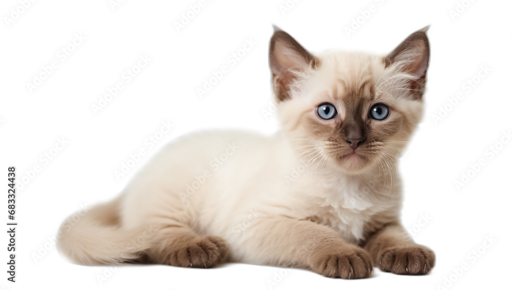 Cute fluffy Siamese breed kitten isolated on white background