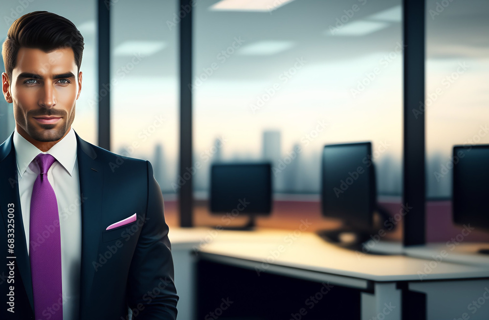 Confident handsome businessman in formal suit posing in modern office. Career, business growth and success concept Confident handsome businessman in formal suit posing in modern office. Career, business growth and success concept
