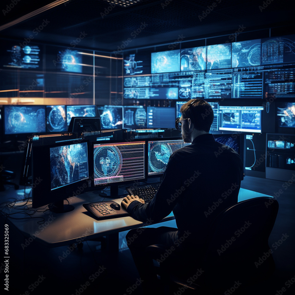 Security agent monitoring the computers in the control room. Security agent monitoring the computers in the control room.