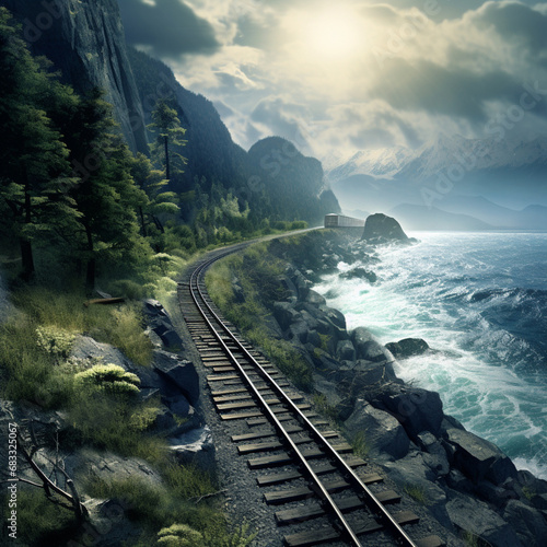 Train tracks next to the sea. photo