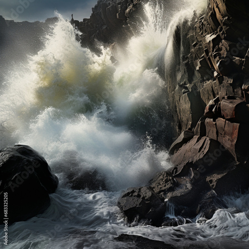 Waves crashing against a cliff.
