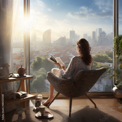 Woman having coffee with a book on a balcony overlooking the city. photo