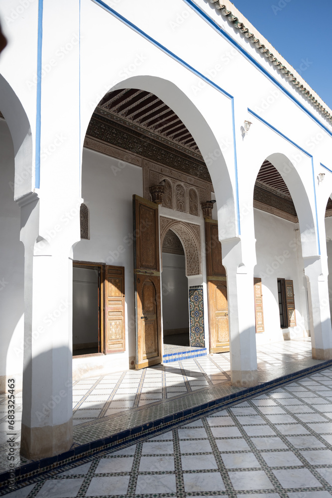 Stunning view of the Bahia Palace during a sunny day. The Bahia Palace in Marrakech is an impressive example of Moroccan architecture and design.