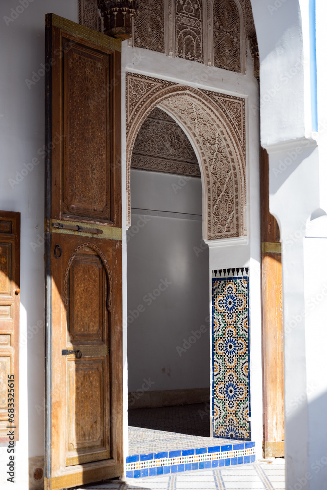 Stunning view of the Bahia Palace during a sunny day. The Bahia Palace in Marrakech is an impressive example of Moroccan architecture and design.
