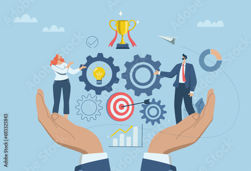 Leader with idea for developing business processes or researching new innovative projects, Problem solving concept and effective management, Businessman on big hand controlling the business mechanism