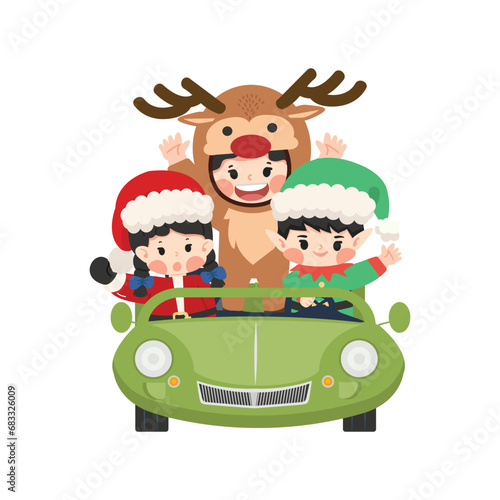  Santa Claus elf and reindeer with car