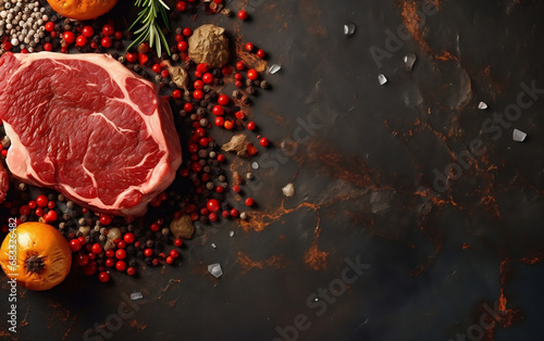 Meat on a plate. Raw meat with herbs, rosemary, and spices on a dark stone background. Top view with copy space for your text.