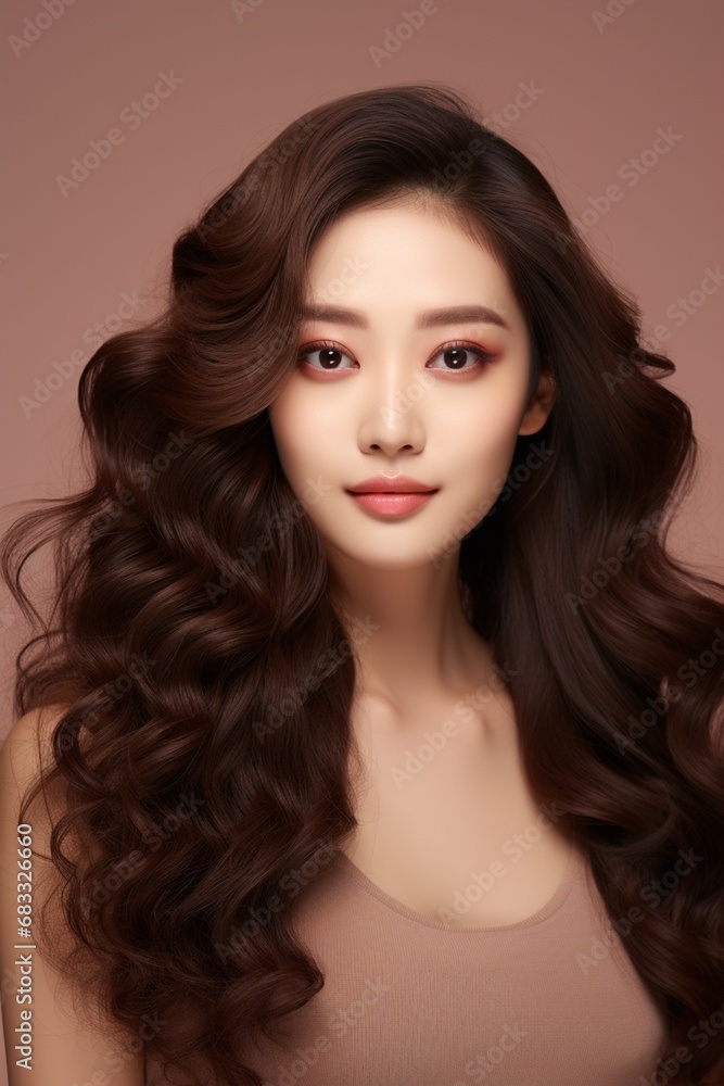 Beautiful Asian woman with long curly hair and perfect skin with makeup, facial treatment, beauty, plastic surgery. Beautiful Asian woman with long curly hair and perfect skin with makeup, facial treatment, beauty, plastic surgery.