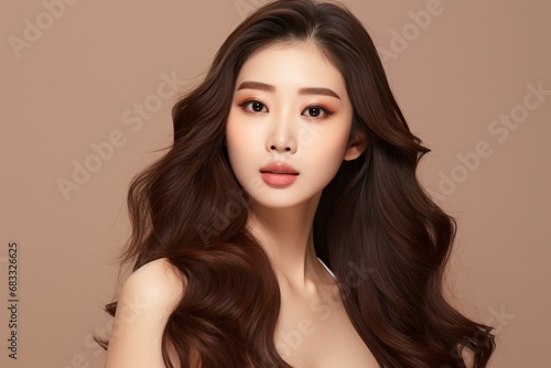 Beautiful Asian woman with long curly hair and perfect skin with makeup, facial treatment, beauty, plastic surgery. © Viewvie