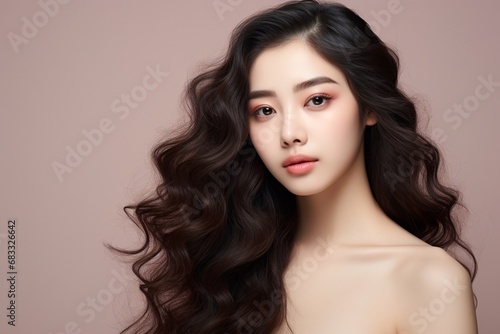 Beautiful Asian woman with long curly hair and perfect skin with makeup, facial treatment, beauty, plastic surgery.