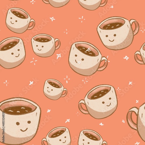A cup of coffee cartoon illustration seamless pattern in orange background.