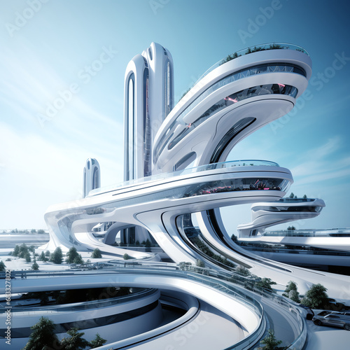 A futuristic style of architecture, sleek and silver in appearance, full of streamlined design © Tvrtko