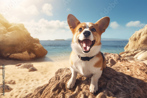 close-up of a dog. happy dog on sea vacation. Generative AI © Dmytro