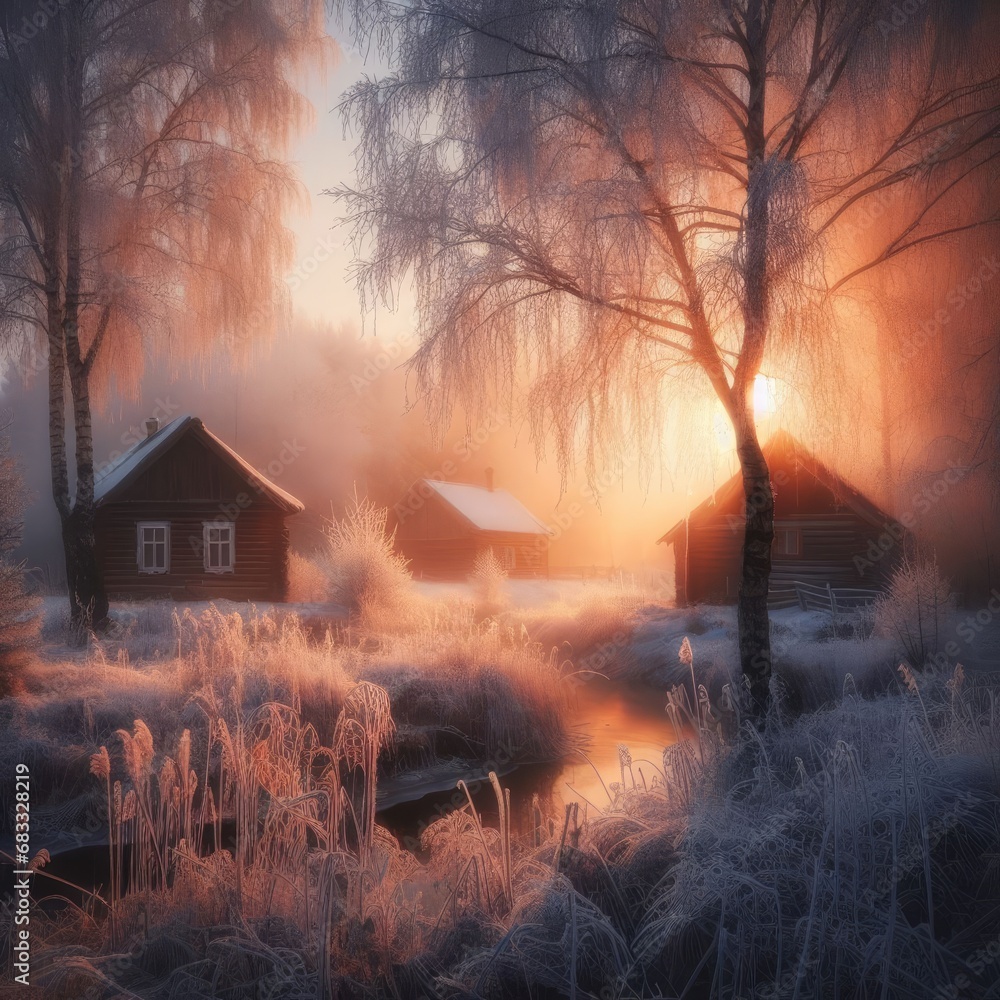 Fototapeta premium Beautiful winter landscape at sunset in a small snowy town