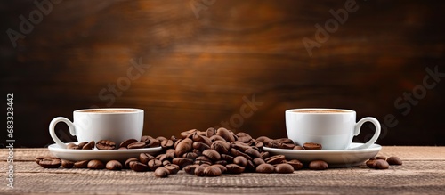 Two cups of coffee and coffee beans create a seamless texture on a table
