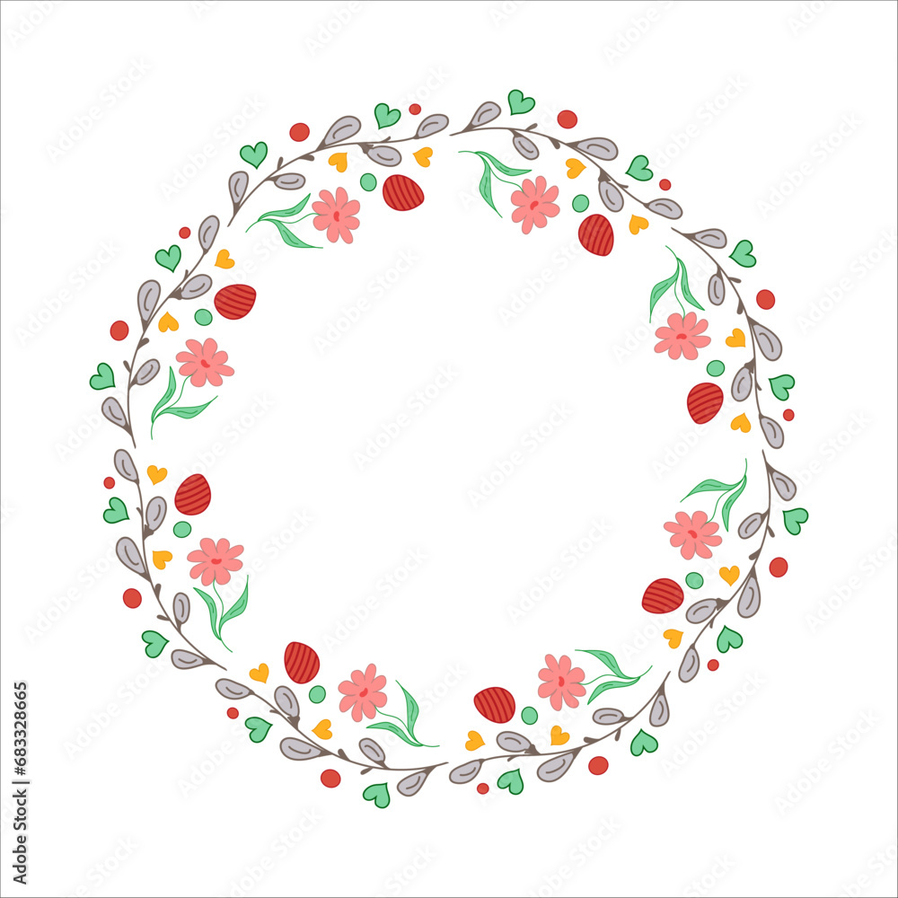 Easter wreath. Willow buds, flowers, heart, eggs. Doodle vector illustration.