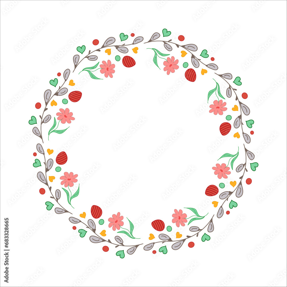 Easter wreath. Willow buds, flowers, heart, eggs. Doodle vector illustration. Easter wreath. Willow buds, flowers, heart, eggs. Doodle vector illustration.