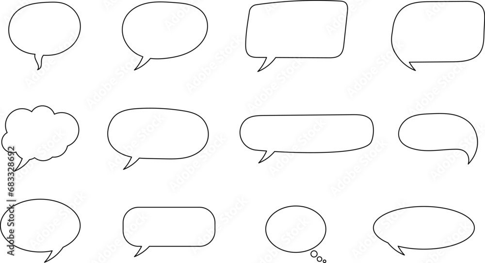 Obraz premium Speak bubble text, message box, chatting box, cartoon set. Vector illustration. Balloon doodle style thinking sign symbol. Speech bubble, speech balloon, chat bubble.