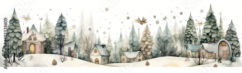 A beautiful small village covered with snow in winter with pine trees, characters, houses, magic birds ands stars, snowflakes, magical fairy-tale scene, naive drawing decorative frieze or page border