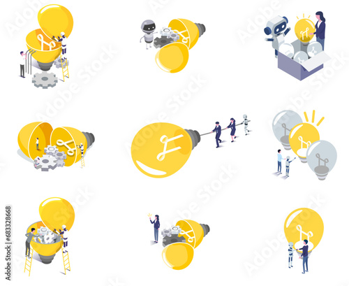 vector isometric illustraion set of business lightbulb idea concept with people and Artificial intelligence