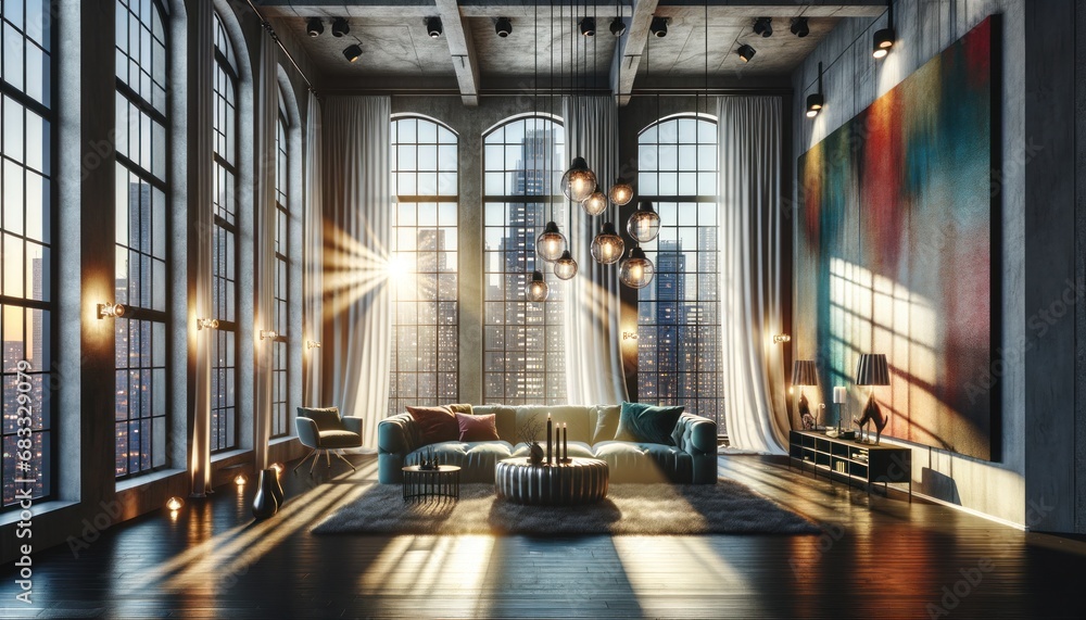 Warm sunlight beams through tall windows in a spacious, high ceiling loft-style living room