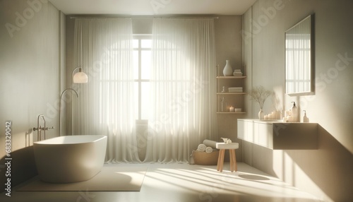 Calm and minimalist bathroom design with soft natural lighting casting gentle shadows