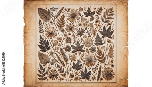 Aged paper with a collection of assorted pressed flowers and foliage in a vintage botanical print style