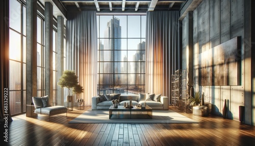 Modern loft apartment with chic design, featuring high ceilings and large windows with city view