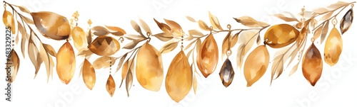 Beautiful garland of golden yellow amber charms, magic wheat ears decorative frieze, gems, precious stones, gold beads or seeds nature ornament, light dream-like chimes, earth and vegetal music beauty © Muriel