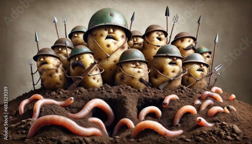 Humorous image of anthropomorphic potatoes wearing helmets and holding spears as if ready for battle photo