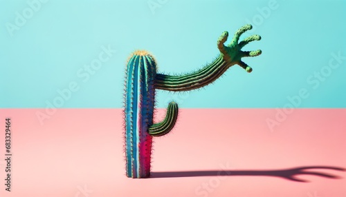 Stylized colorful cactus with spines on a contrasting pink and blue pastel background