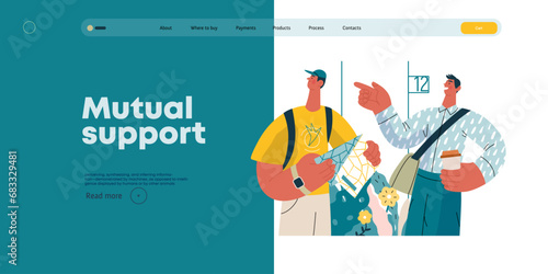 Mutual Support: Directing a passerby -modern flat vector concept illustration of man pointing the way to a tourist. A metaphor of voluntary, collaborative exchanges of resource, services