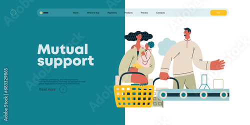 Mutual Support: Skip ahead in line -modern flat vector concept illustration of man letting woman with child go ahead in shop checkout line A metaphor of voluntary, collaborative exchanges of services