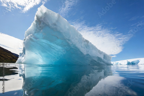 The image captures the breathtaking beauty of Antarctica's ice-covered landscape, where majestic ice mountains gracefully meet the sea. This natural wonder, renowned for its stunning.