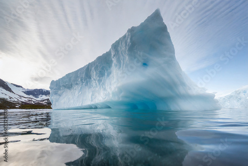The image captures a massive iceberg floating in icy waters, its jagged edges reflecting sunlight. The scene evokes a sense of grandeur and tranquility, showcasing the raw beauty of polar landscapes. photo