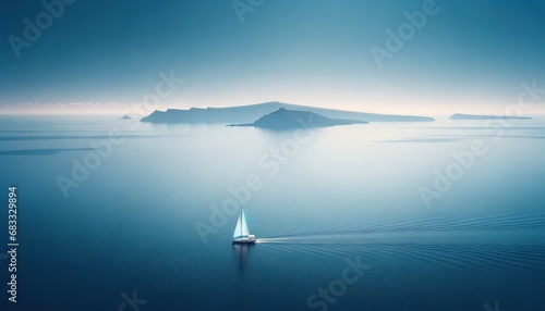 Solitary sailboat navigating the tranquil expanse of a vast foggy ocean, inducing serenity