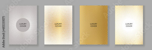 Luxury a4 cover template with gold and silver halftone dot pattern. Trendy vector collection for cover design, brochure, catalog, menu. Easy to edit with mask use.