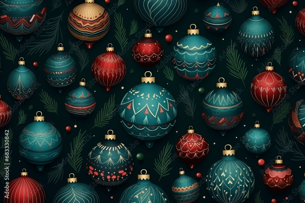 christmas ornaments on the dark green background with Christmas tree branches pattern