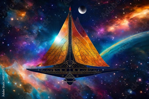 An intricate astral solar sailer floats gracefully amidst a sea of stars photo