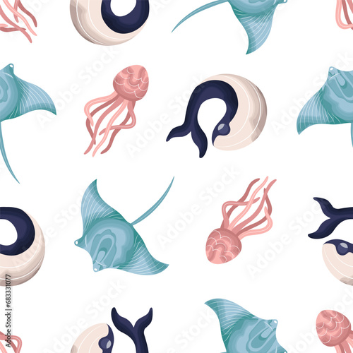 Marine seamless pattern. Watercolor whale, dolphin, jellyfish, stingray. Template for banner, paper, fabric, textile. Vector illustration on isolated background in modern style.